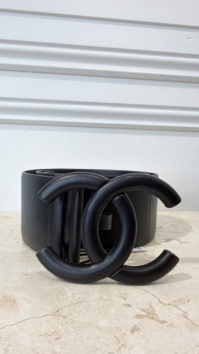 Chanel Black Leather Covered Logo Belt, 80cm