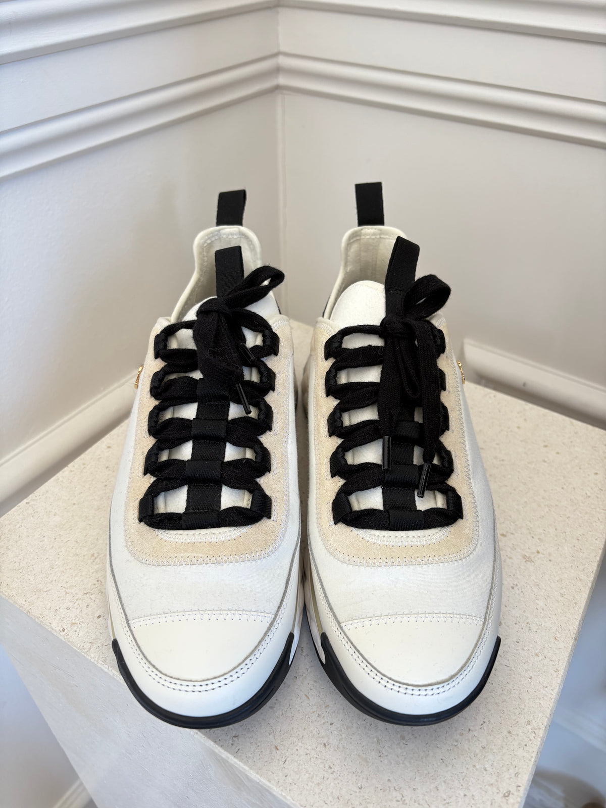 Chanel White and Cream Trainers with Black Laces, 38