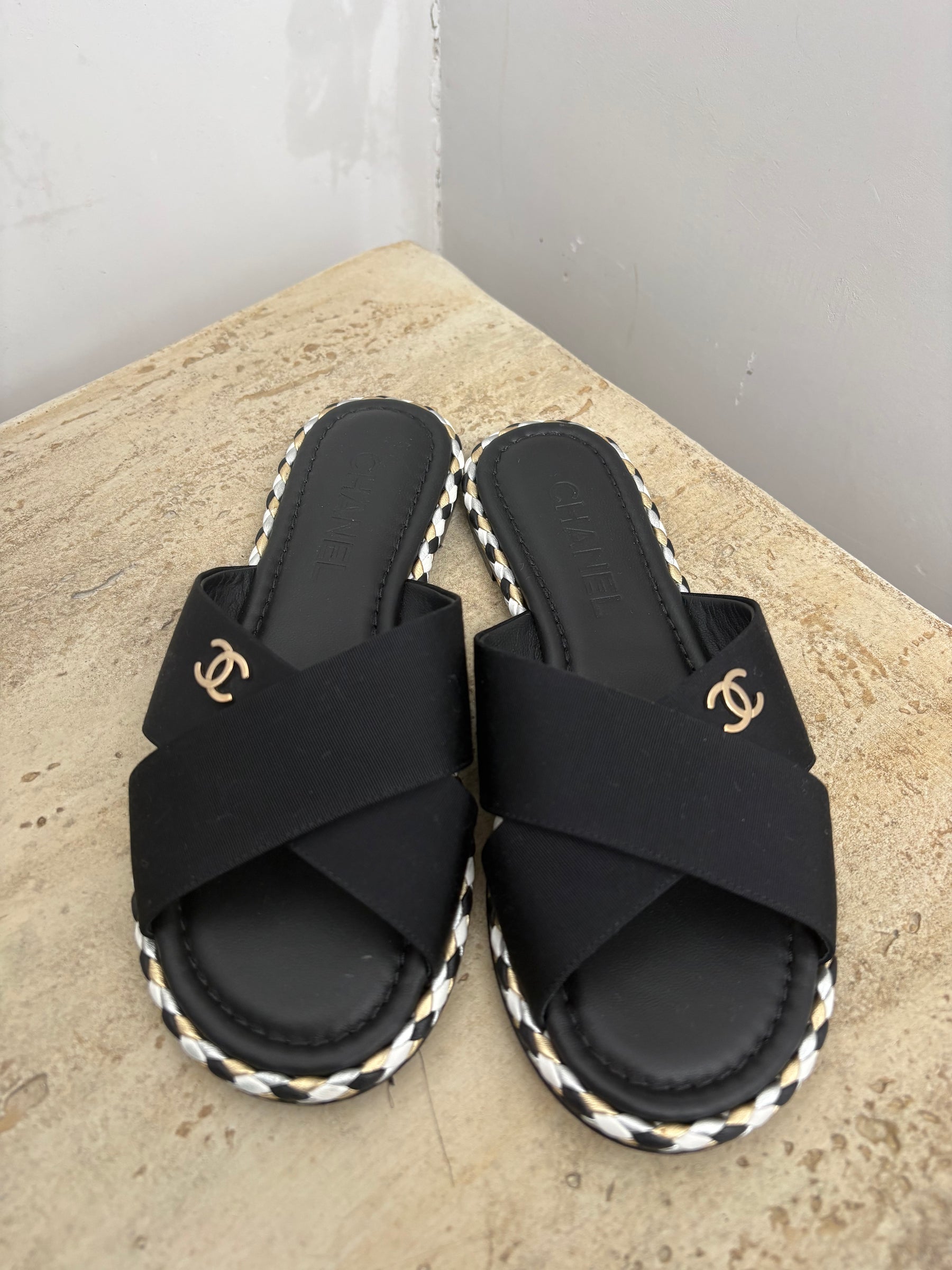 Chanel Black Grosgrain Cross Over Logo Slides, 36 C