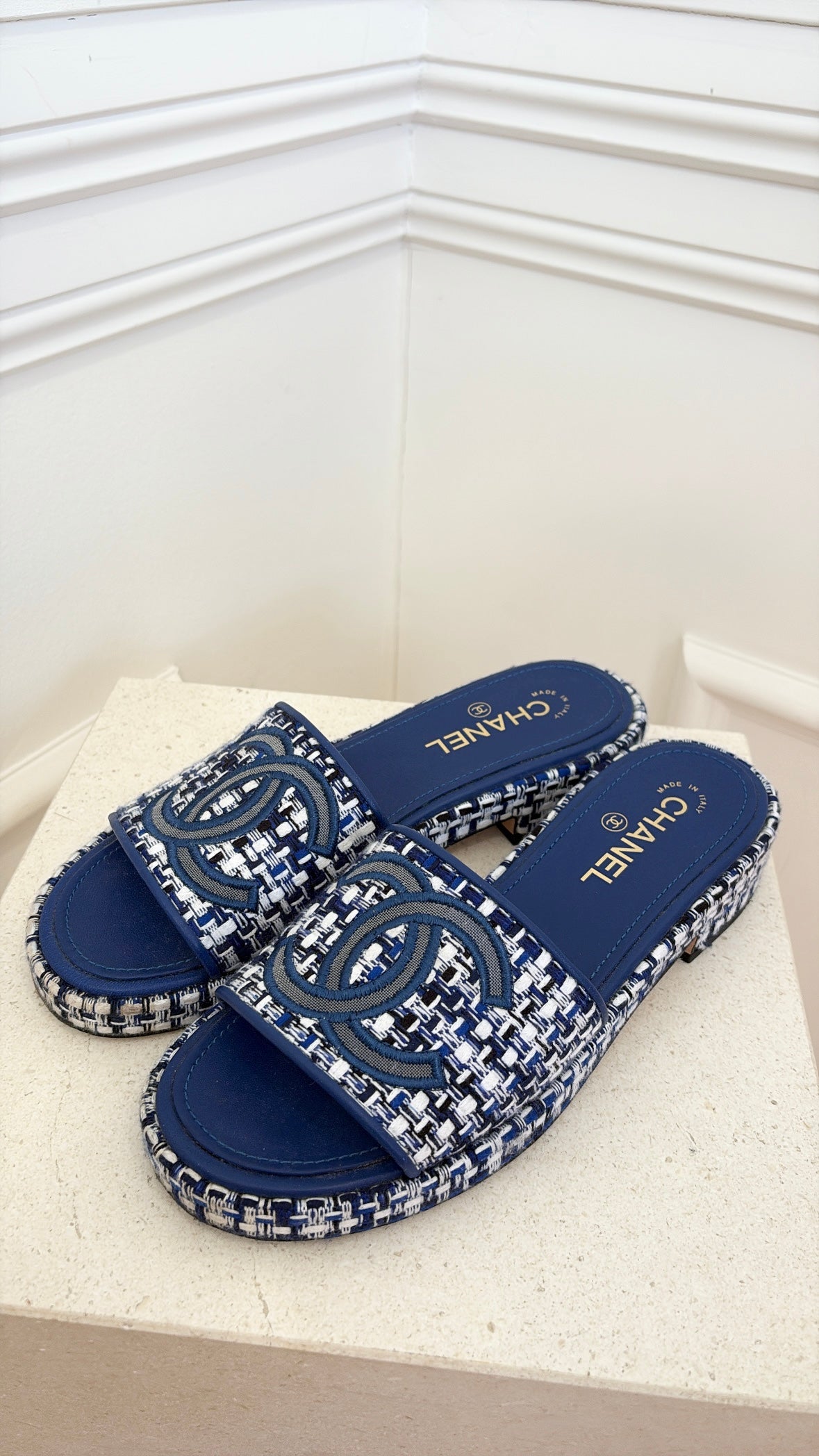 Chanel Blue and White Tweed Heeled Slides, 39.5