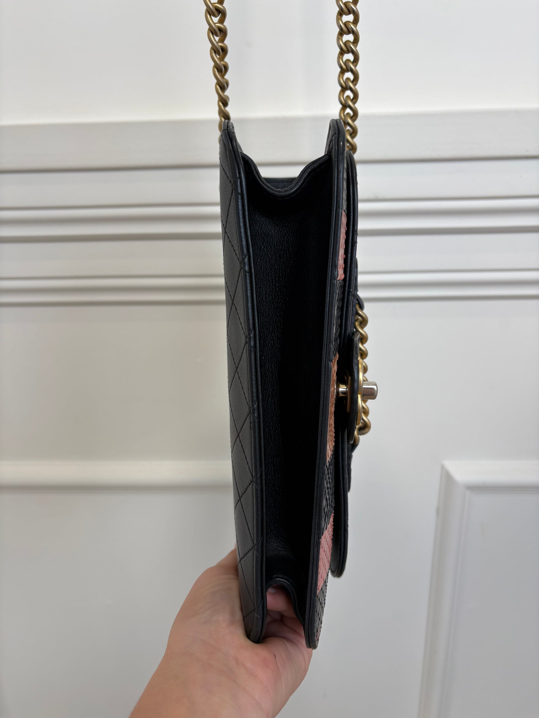 Chanel Black Quilted Leather and Snake Skin Front Chain Flap