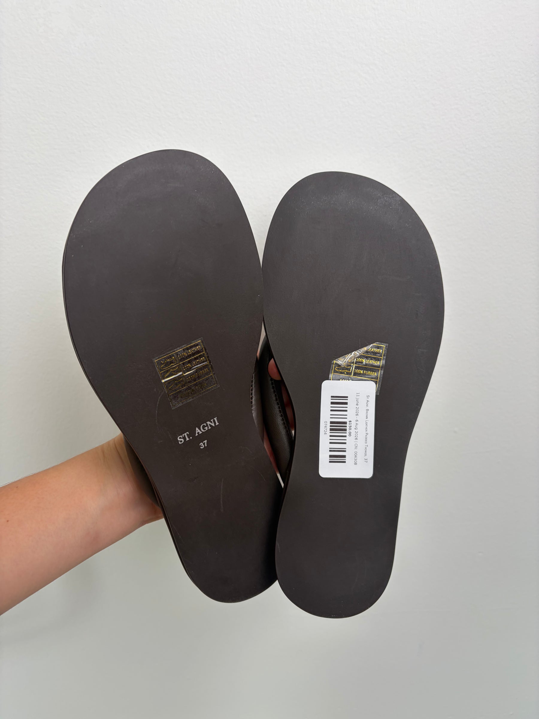 St Agni. Brown Leather Padded Thongs, 37