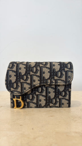 Dior Saddle Bloom Card Holder Blue Jacquard