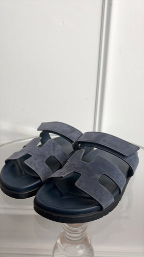 Hermès Navy Suede Chypre Sandals, 39