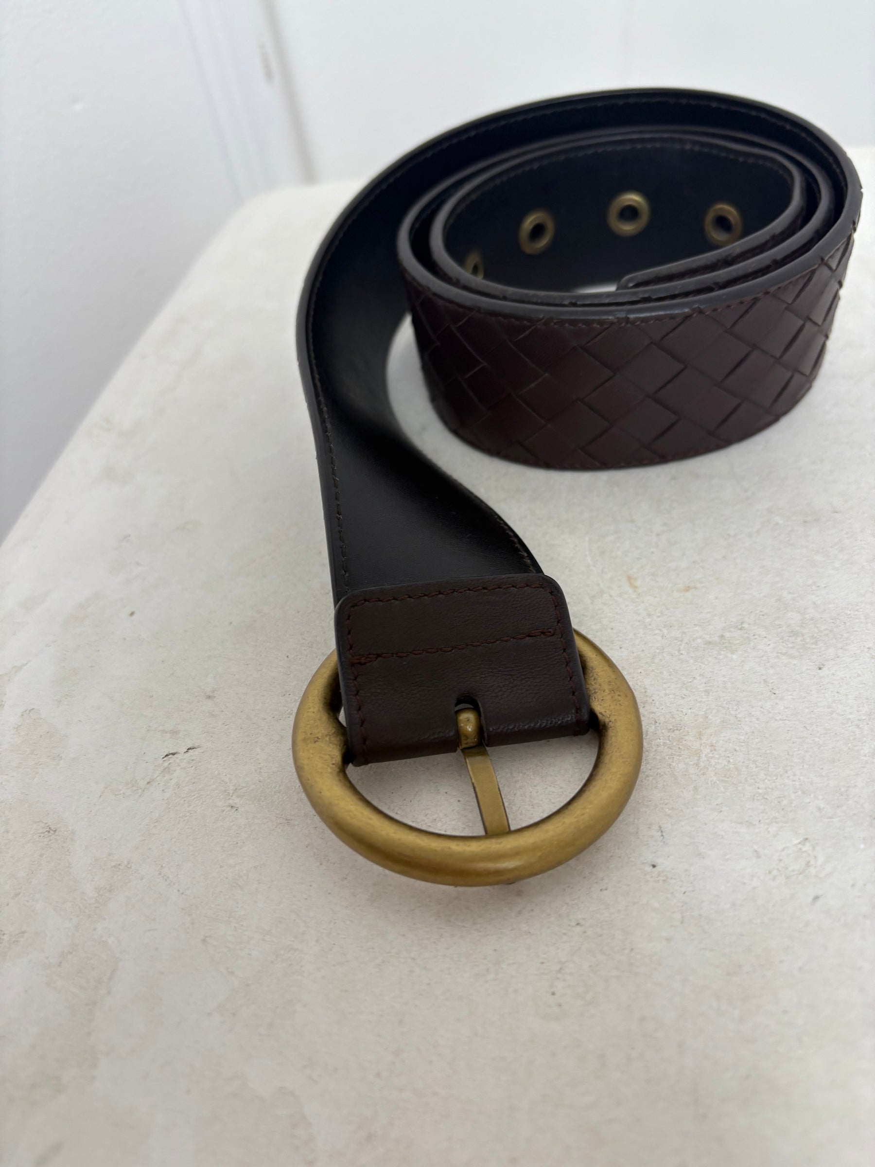 Bottega Veneta Brown Intrecciato Leather Round Buckle Belt, 85