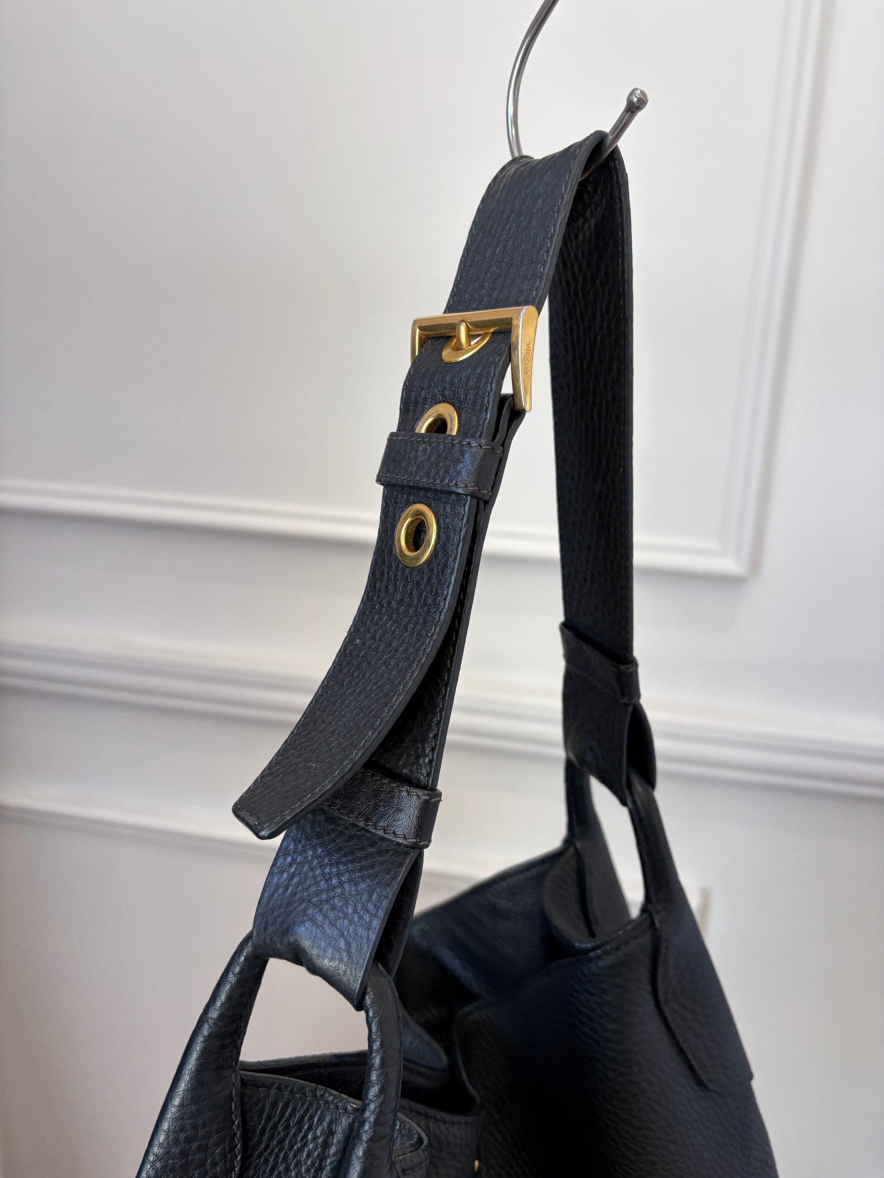 Prada Grained Leather Hobo Bag Black