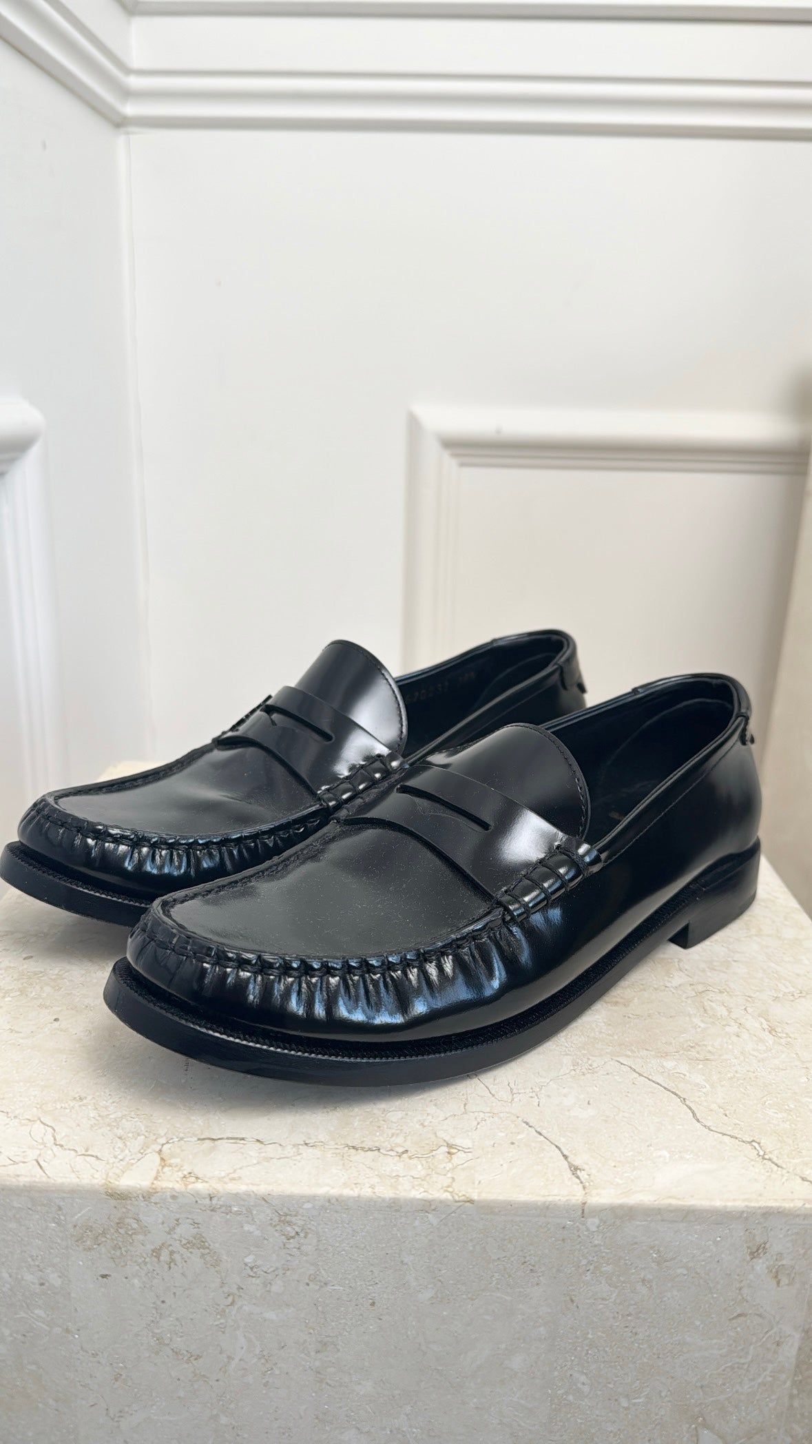 Saint Laurent Black Brushed Leather Logo Loafer, 38.5