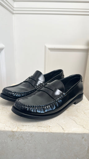 Saint Laurent Black Brushed Leather Logo Loafer, 38.5