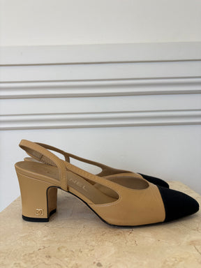 Chanel Beige Leather and Black Grosgrain Slingbacks, 36C