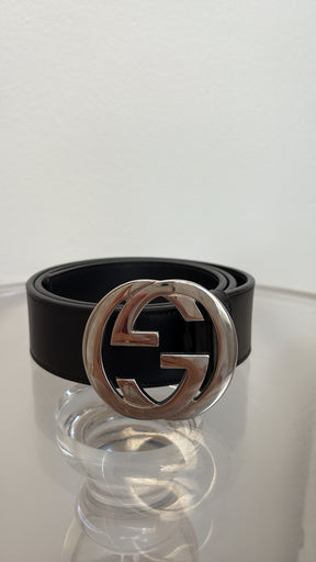 Gucci Silver Marmont GG Black Wide Leather Belt, 85-34