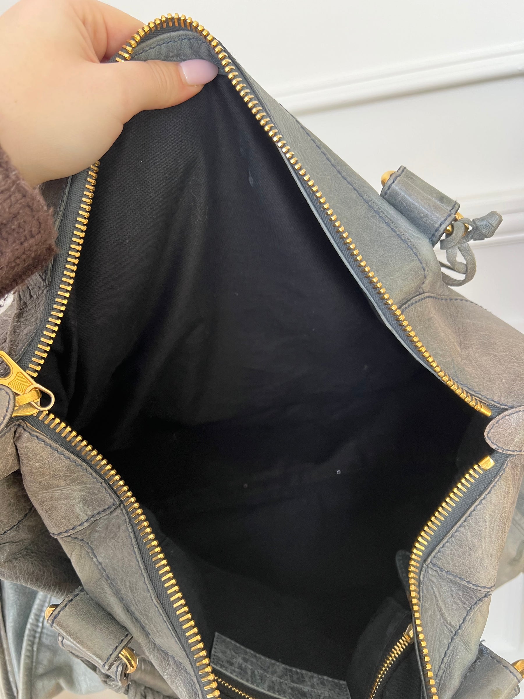 Balenciaga Grey Distressed City Bag Gold Tone Hardware