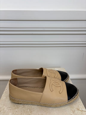 Chanel Beige and Black Leather Logo Espadrilles, 38
