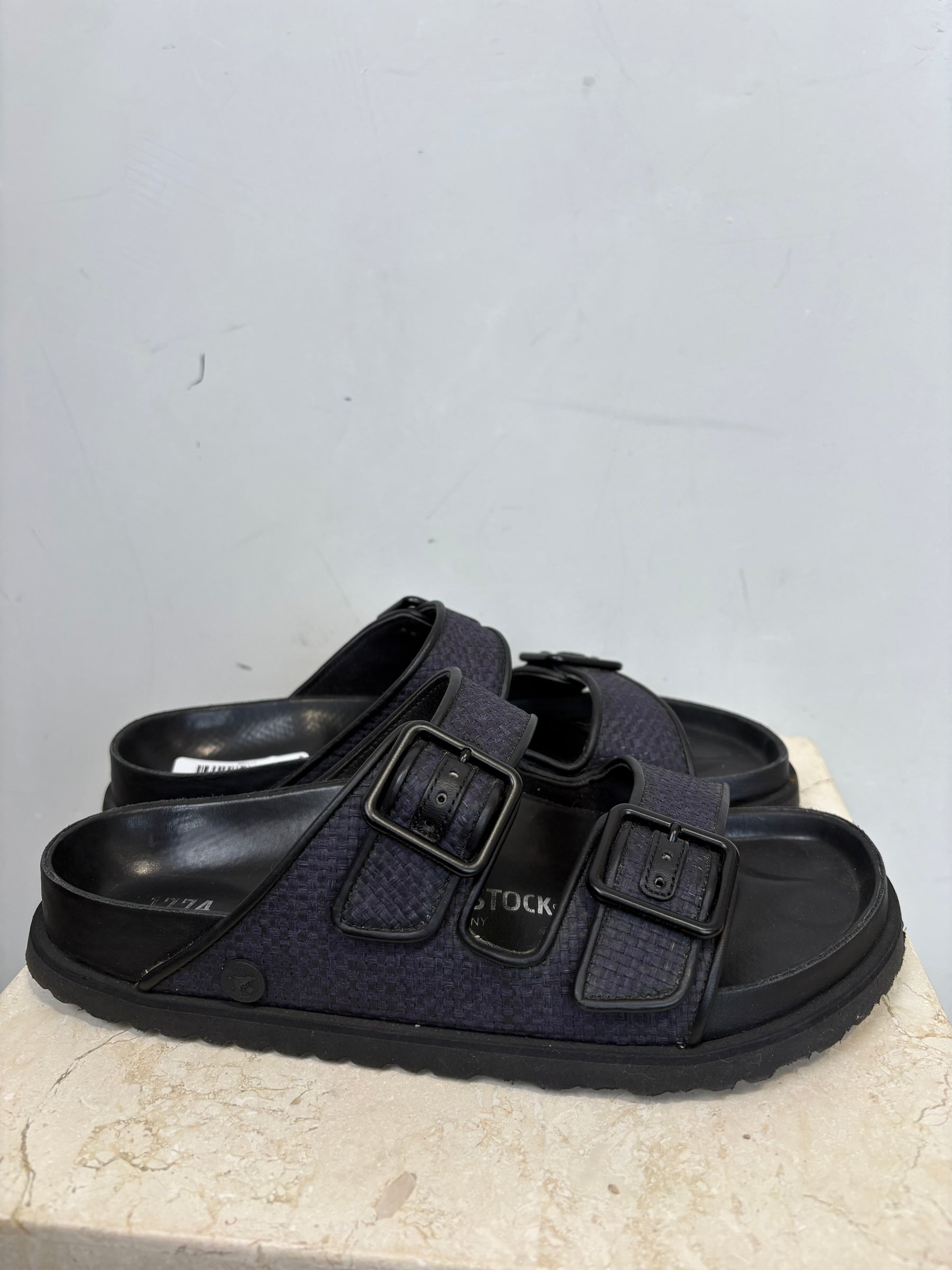 Birkenstock 1774 Black Leather and Navy Raffia Slides, 41