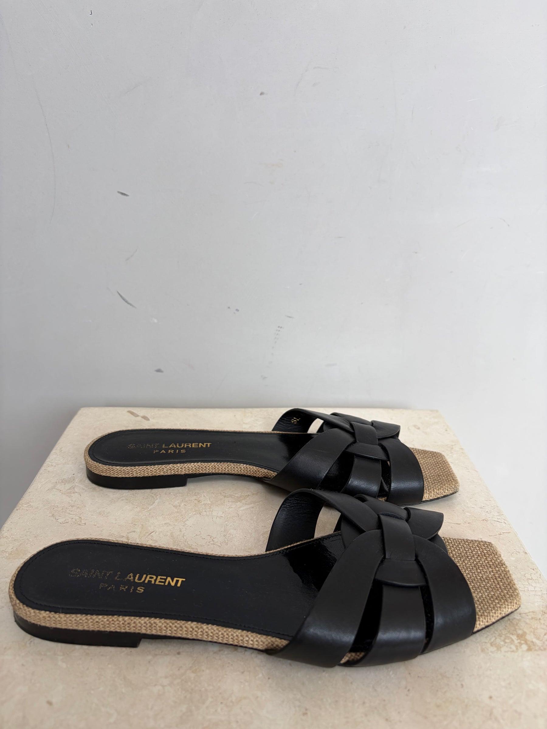 Saint Laurent Black Leather and Hessian Tribute Slides, 37