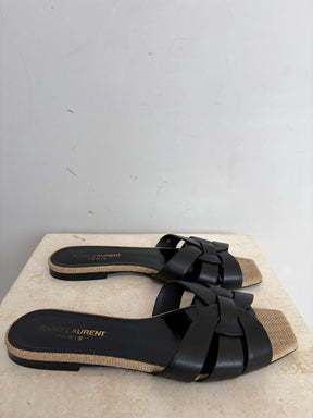 Saint Laurent Black Leather and Hessian Tribute Slides, 37
