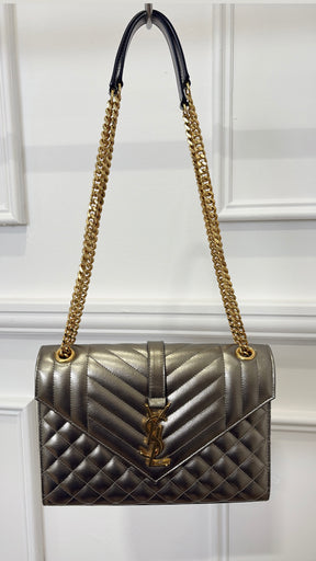 Saint Laurent Pewter Grained Leather Tri-QuiltEnvelope Bag
