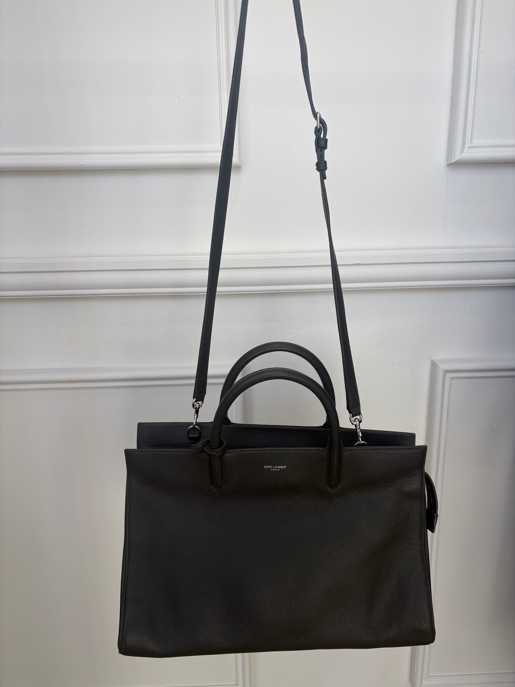 Saint Laurent Grey Leather Top Handle Tote Bag with Shoulder Strap