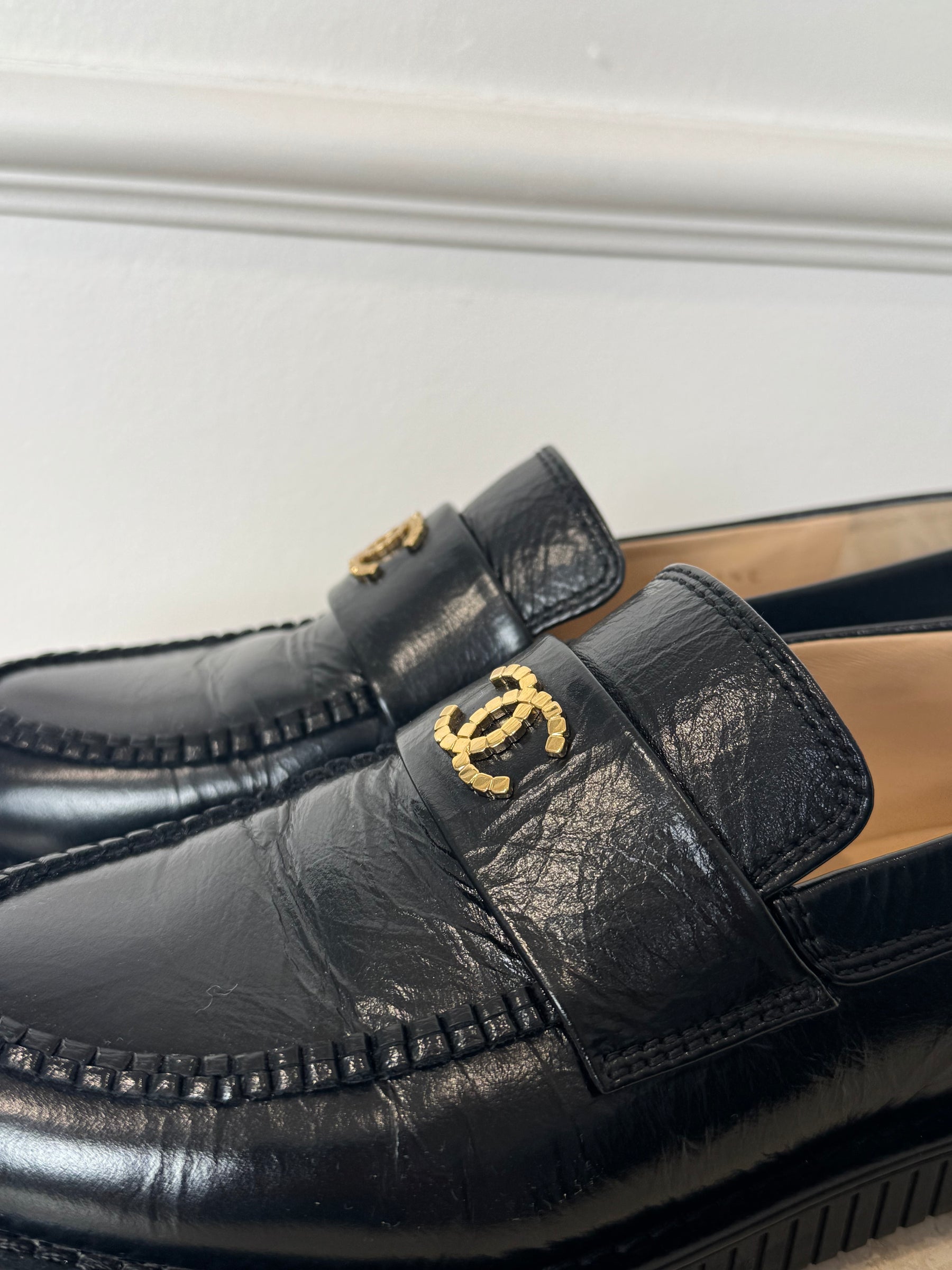 Chanel Black Leather CC Logo Loafer, 37.5C