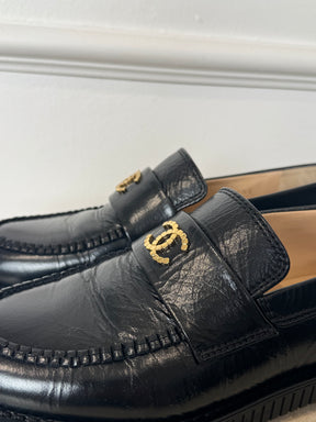 Chanel Black Leather CC Logo Loafer, 37.5C