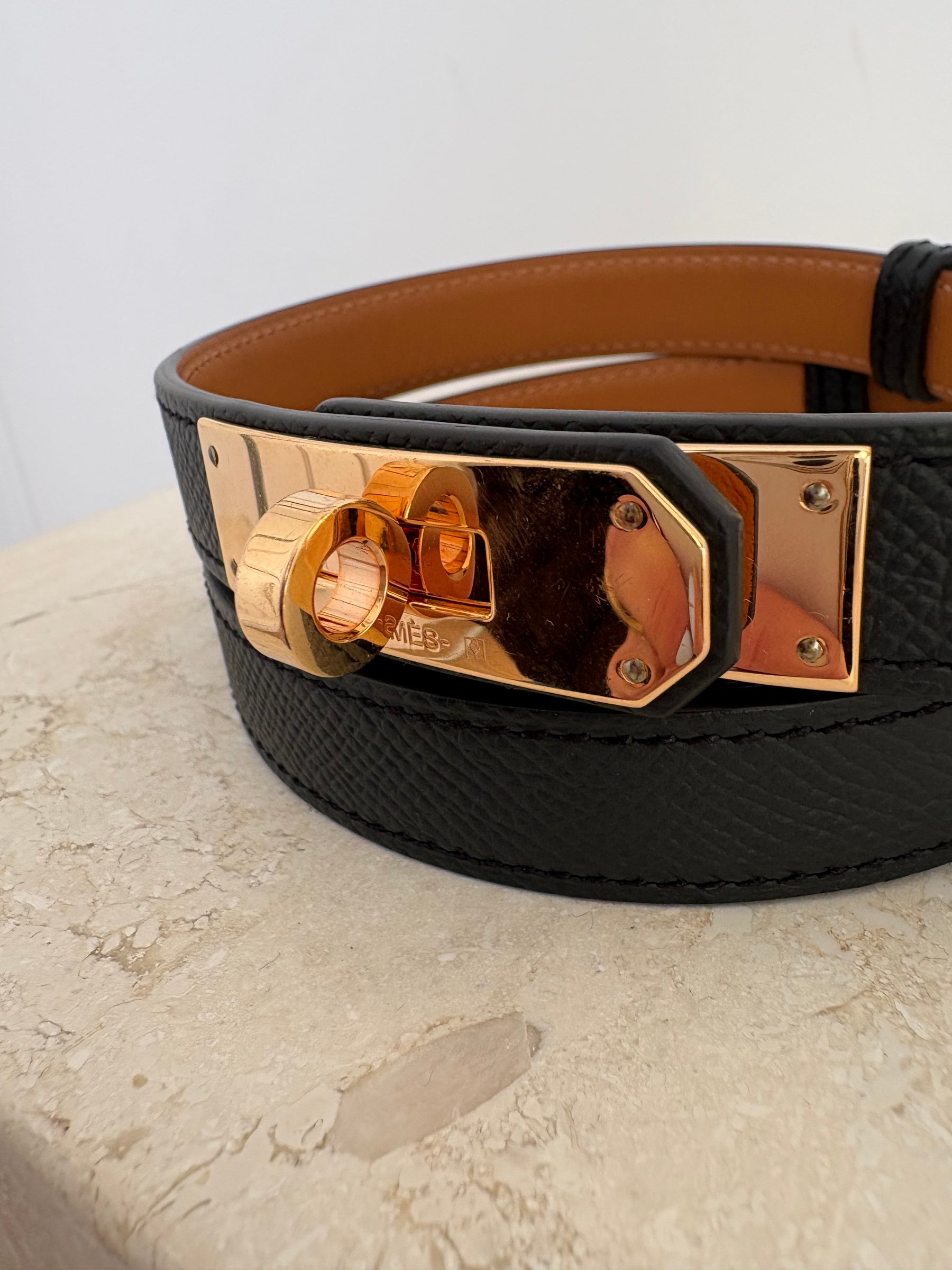 Hermès Black Leather Kelly Belt with Rose Gold Hardware, O/S
