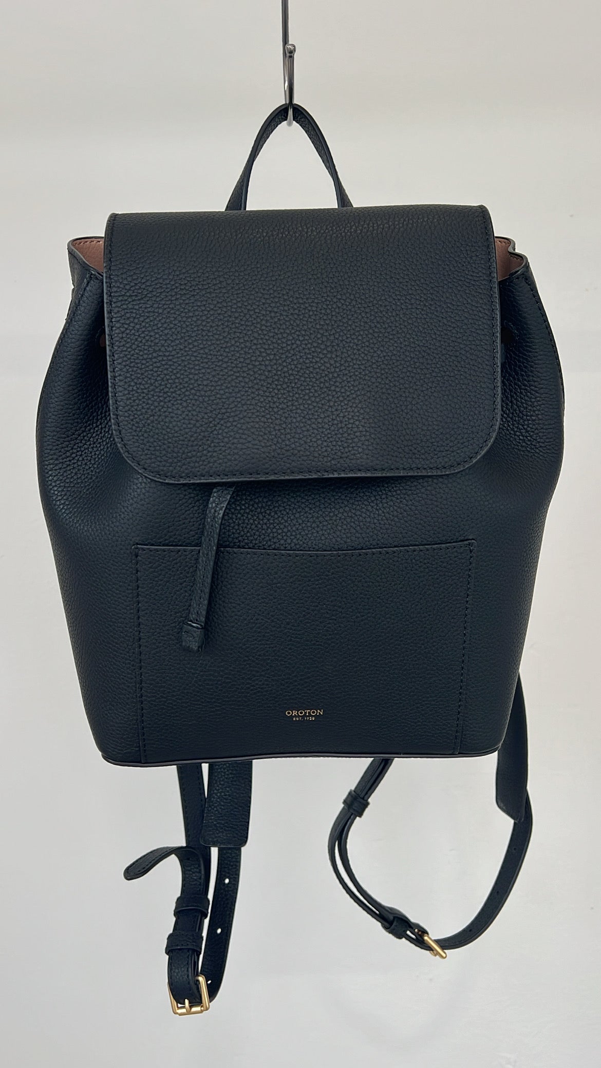 Oroton Duo Mini Black Grained Leather Backpack