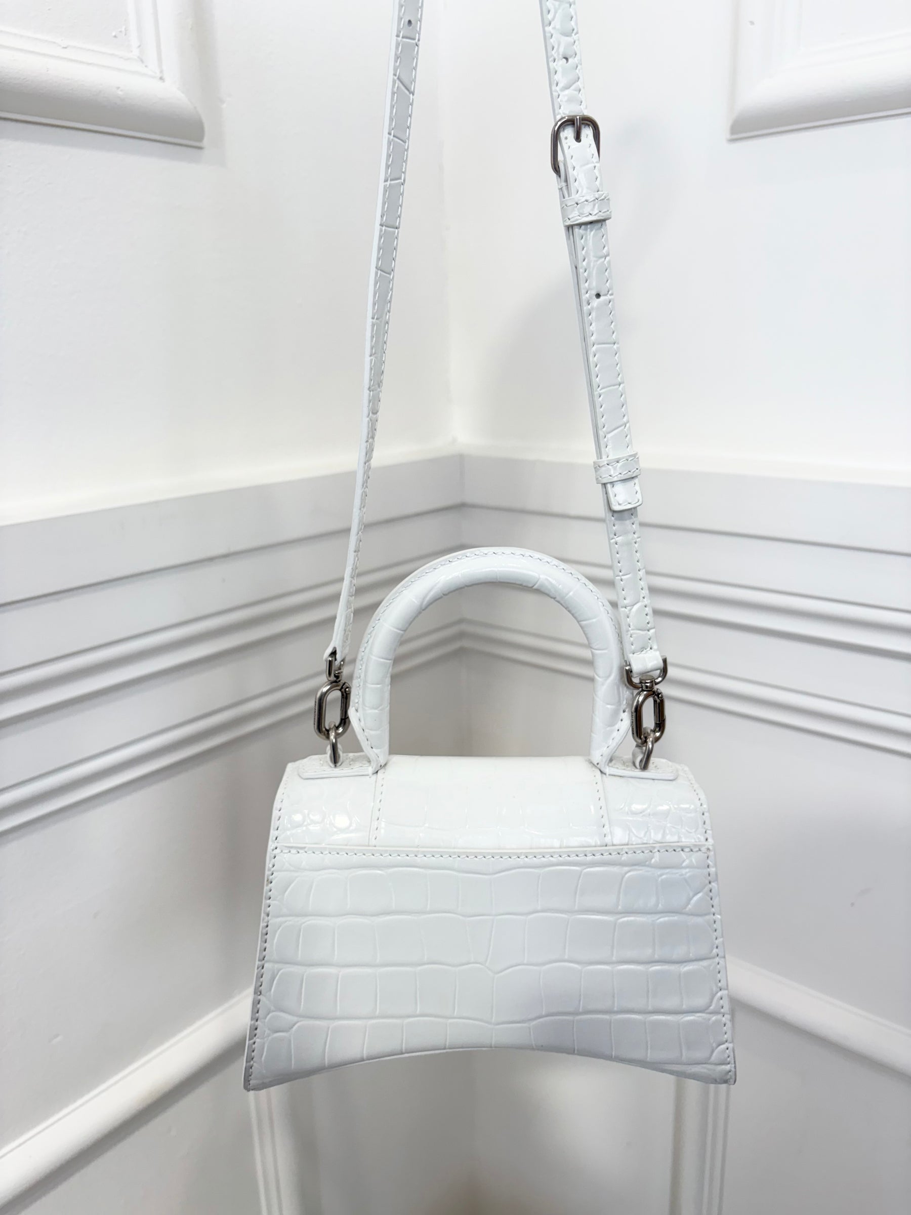 Balenciaga White Croc Embossed Hourglass Bag, XS