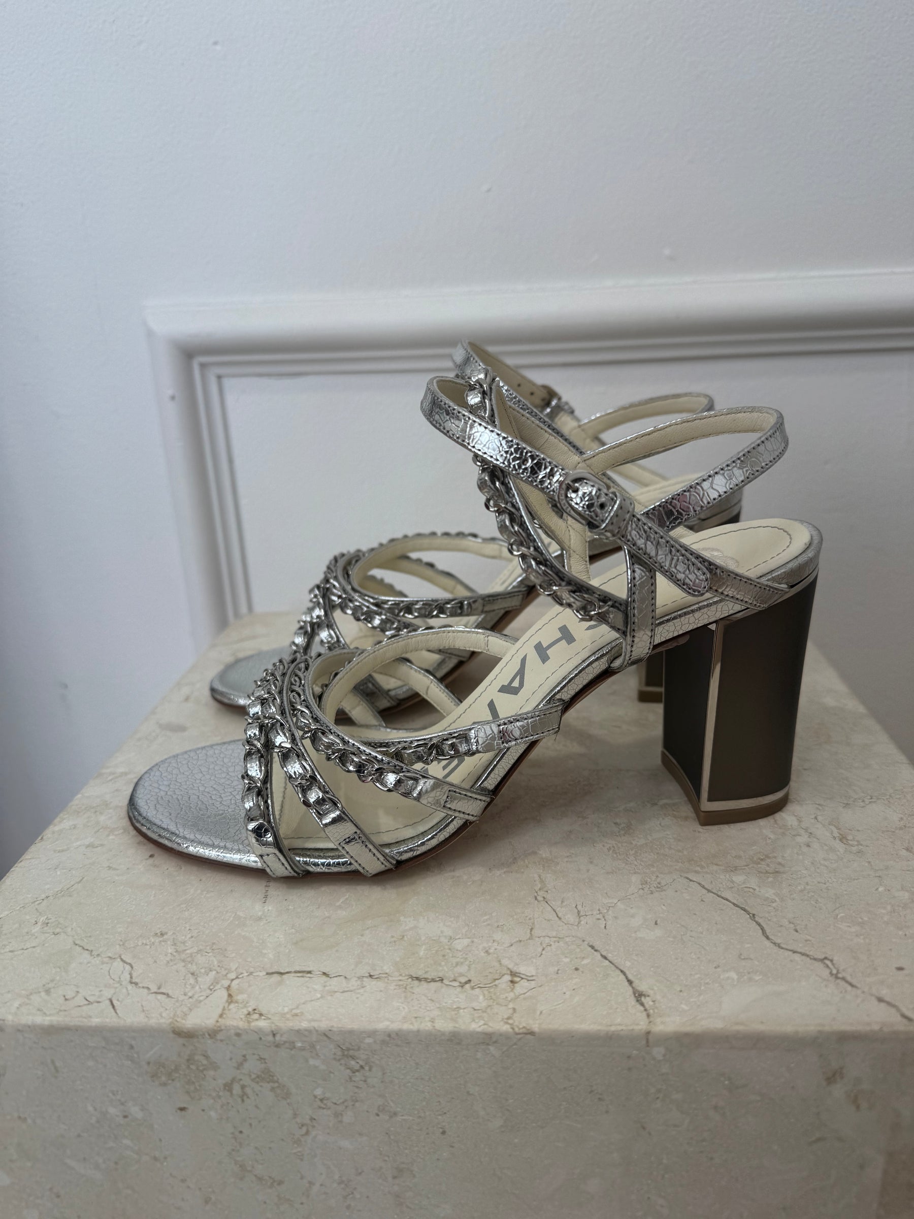 Chanel Silver Chain leather Block Heel Sandals, 38.5C