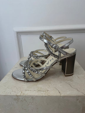 Chanel Silver Chain leather Block Heel Sandals, 38.5C