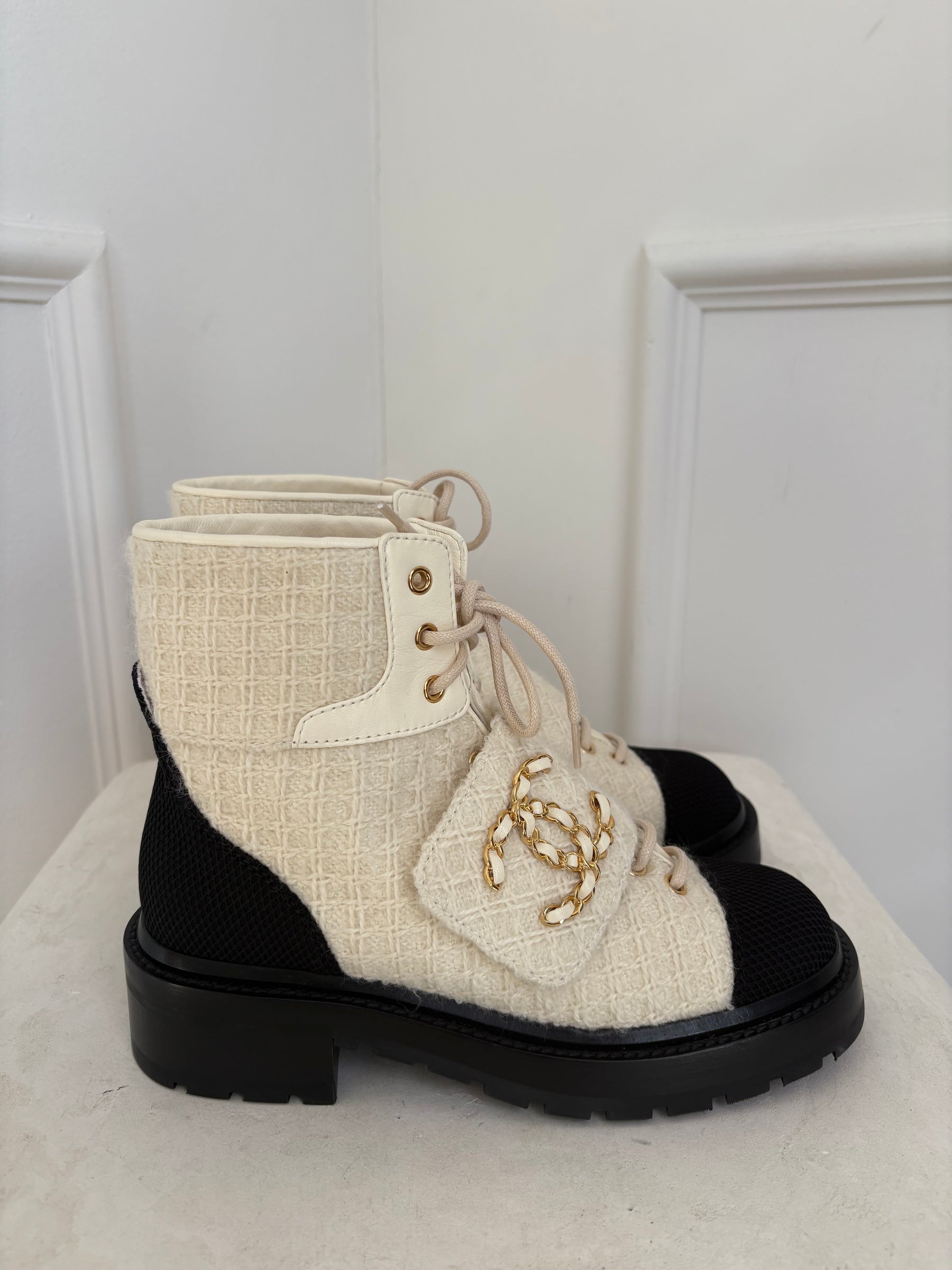 Chanel Ivory Tweed and Black Combat Boots, 36.5 C