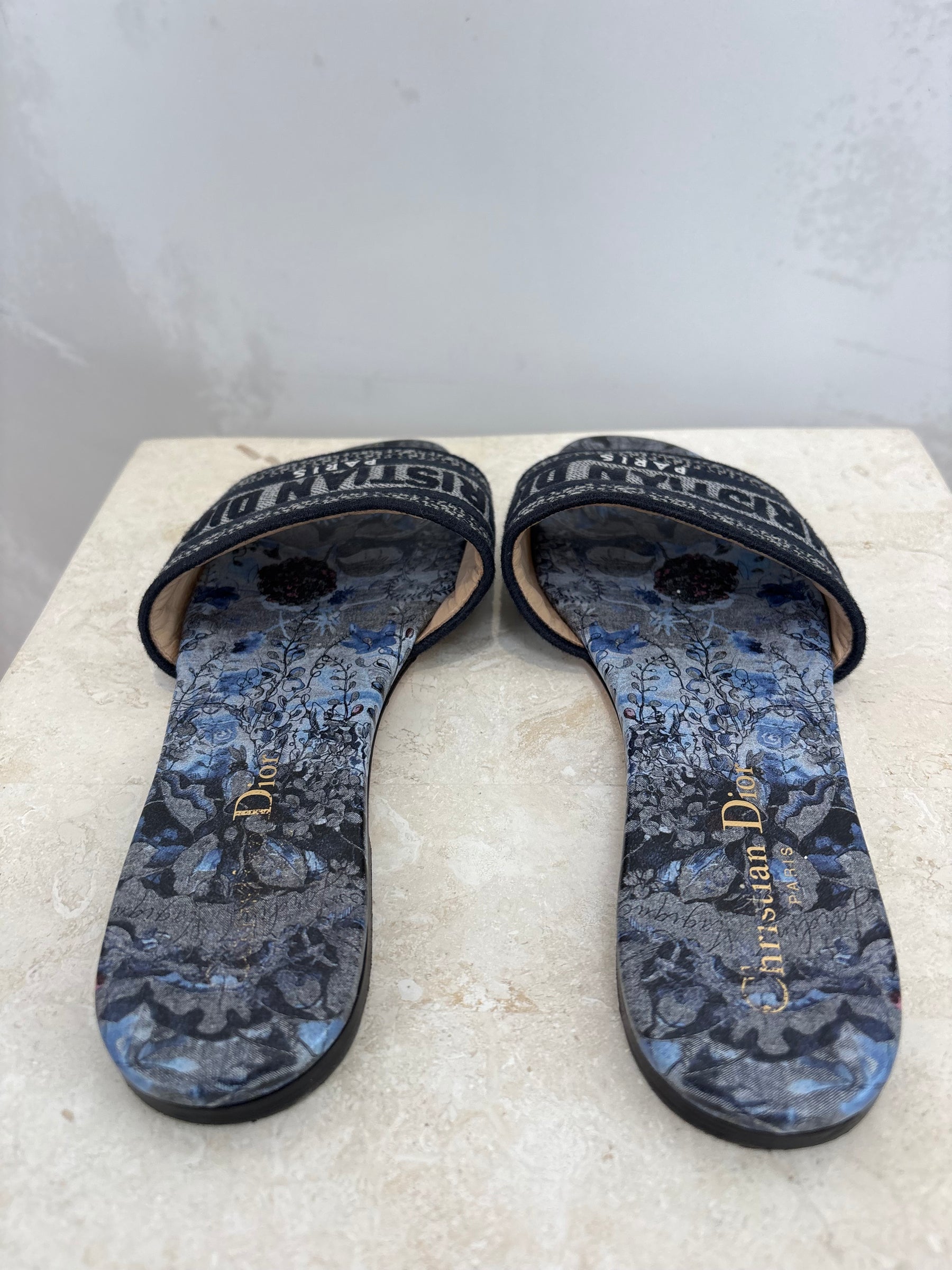 Dior Navy Embroidered D Way Slides, 35.5