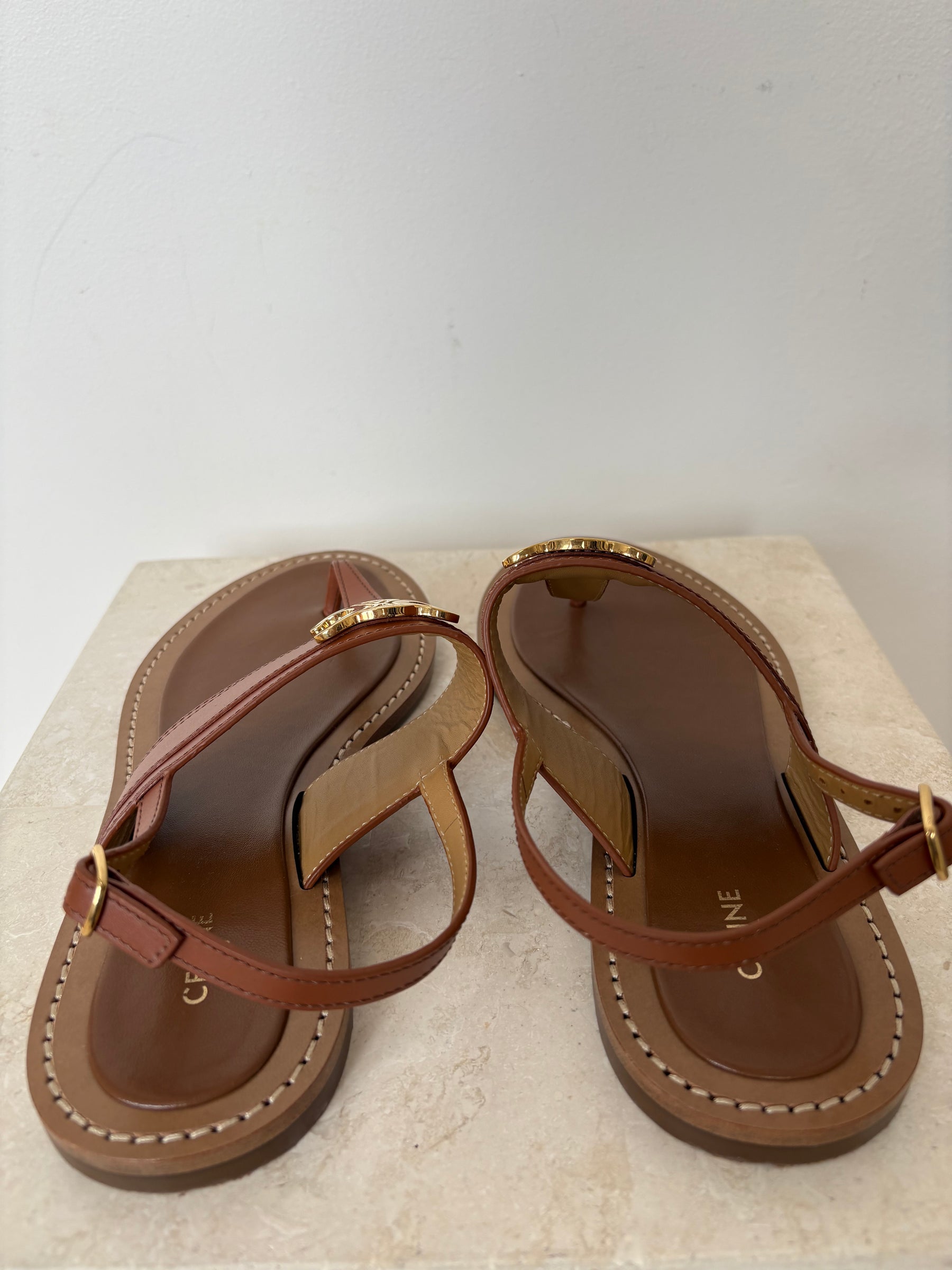 Celine Lympia Triomphe Leather Thong, 38