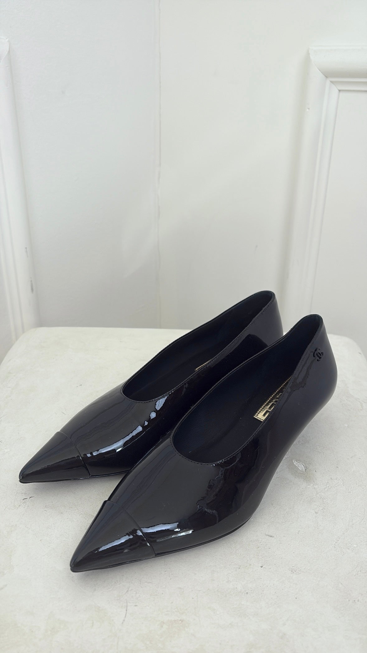 Chanel Black Patent Pointed Pumps, 37 C