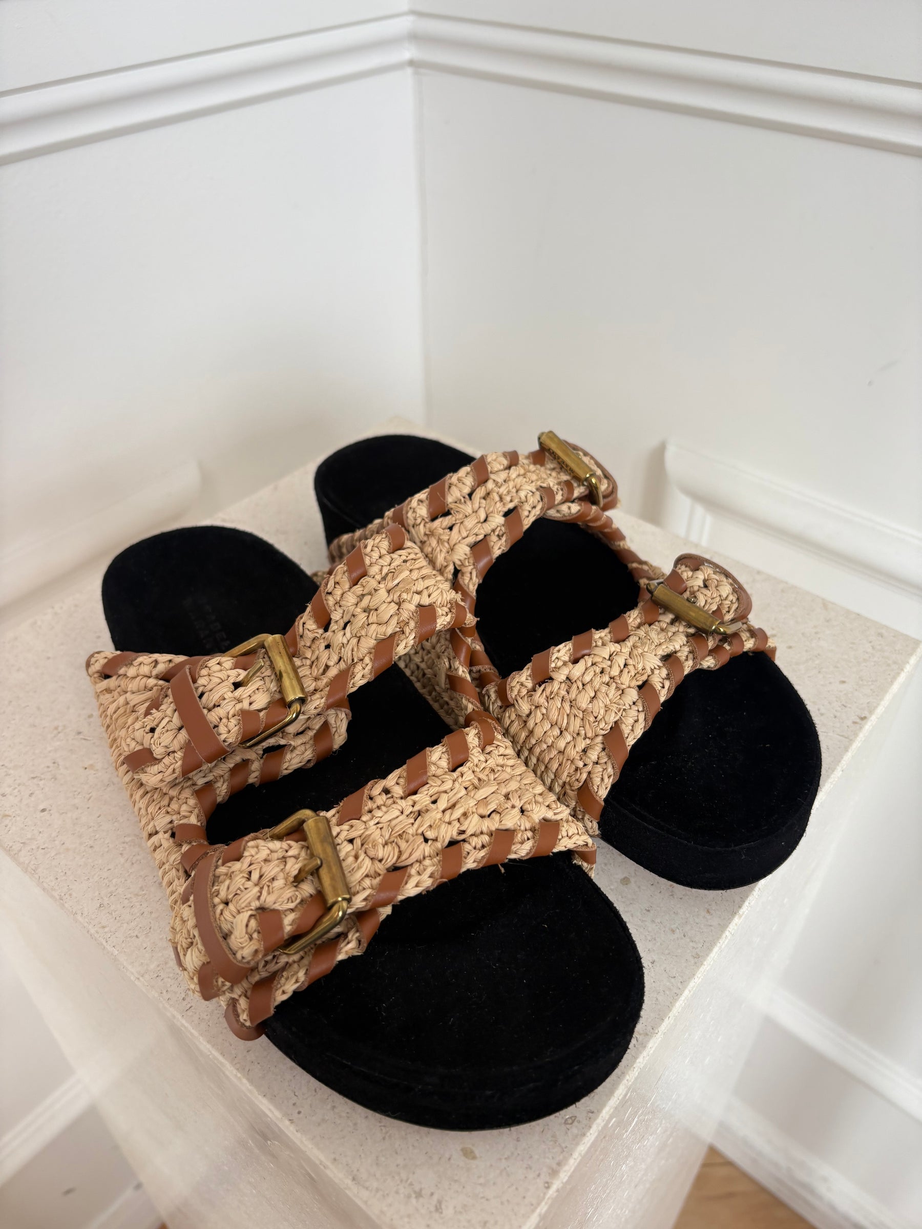 Isable Marant Lennyo Leather Trimmed Woven Raffia Sandals, 39