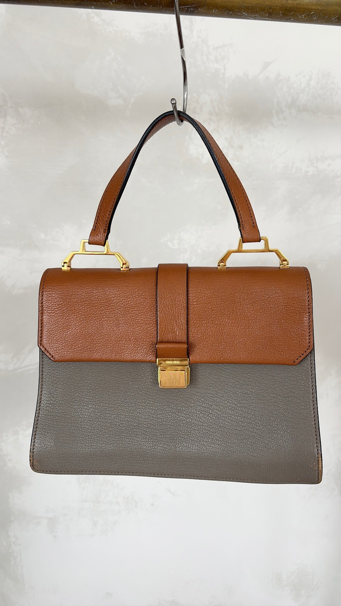 Miu Miu Madras Convertible Campartment Top Handle Bag Tan