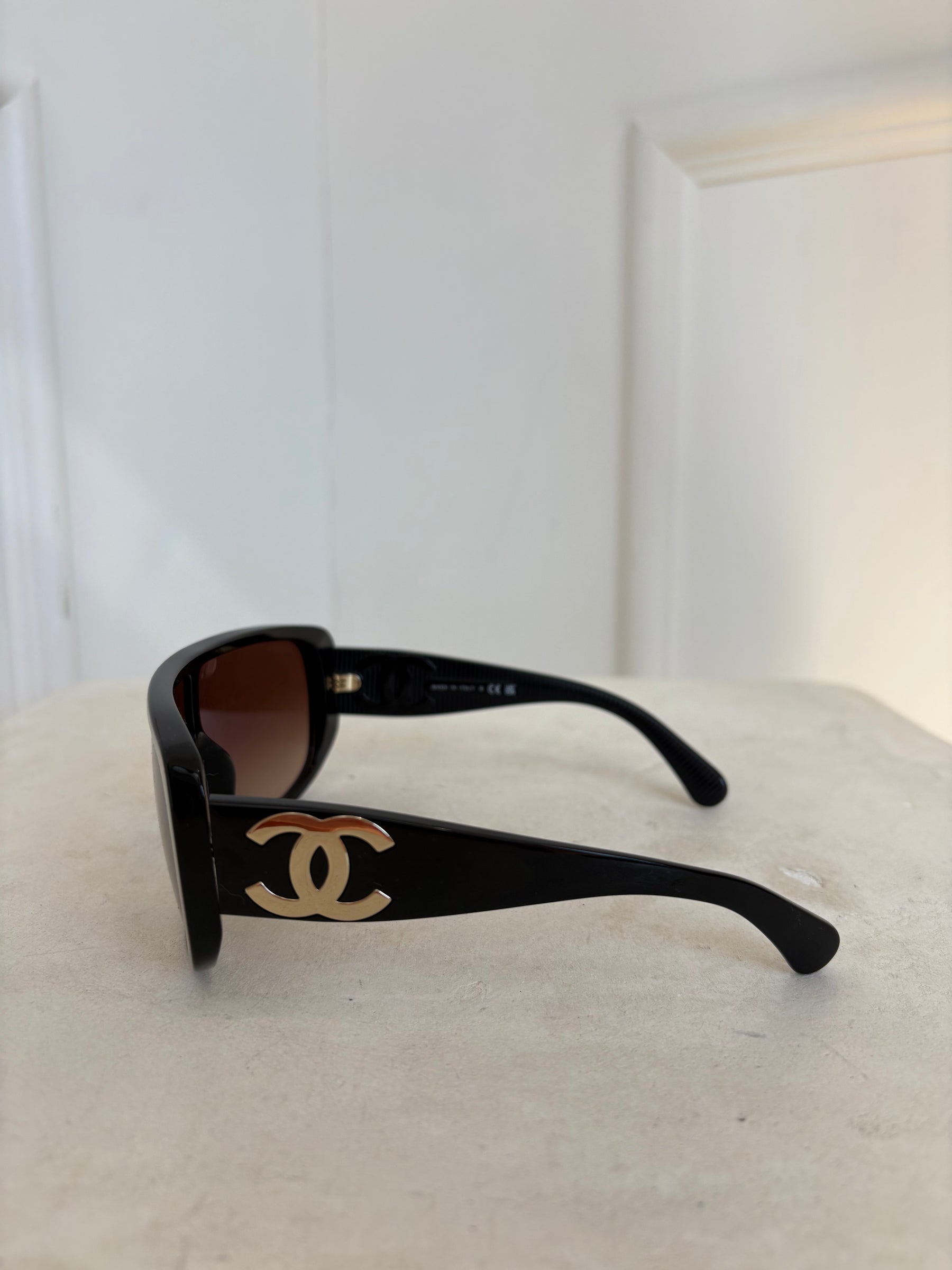 Chanel Black Ski Shield Logo Sunglasses