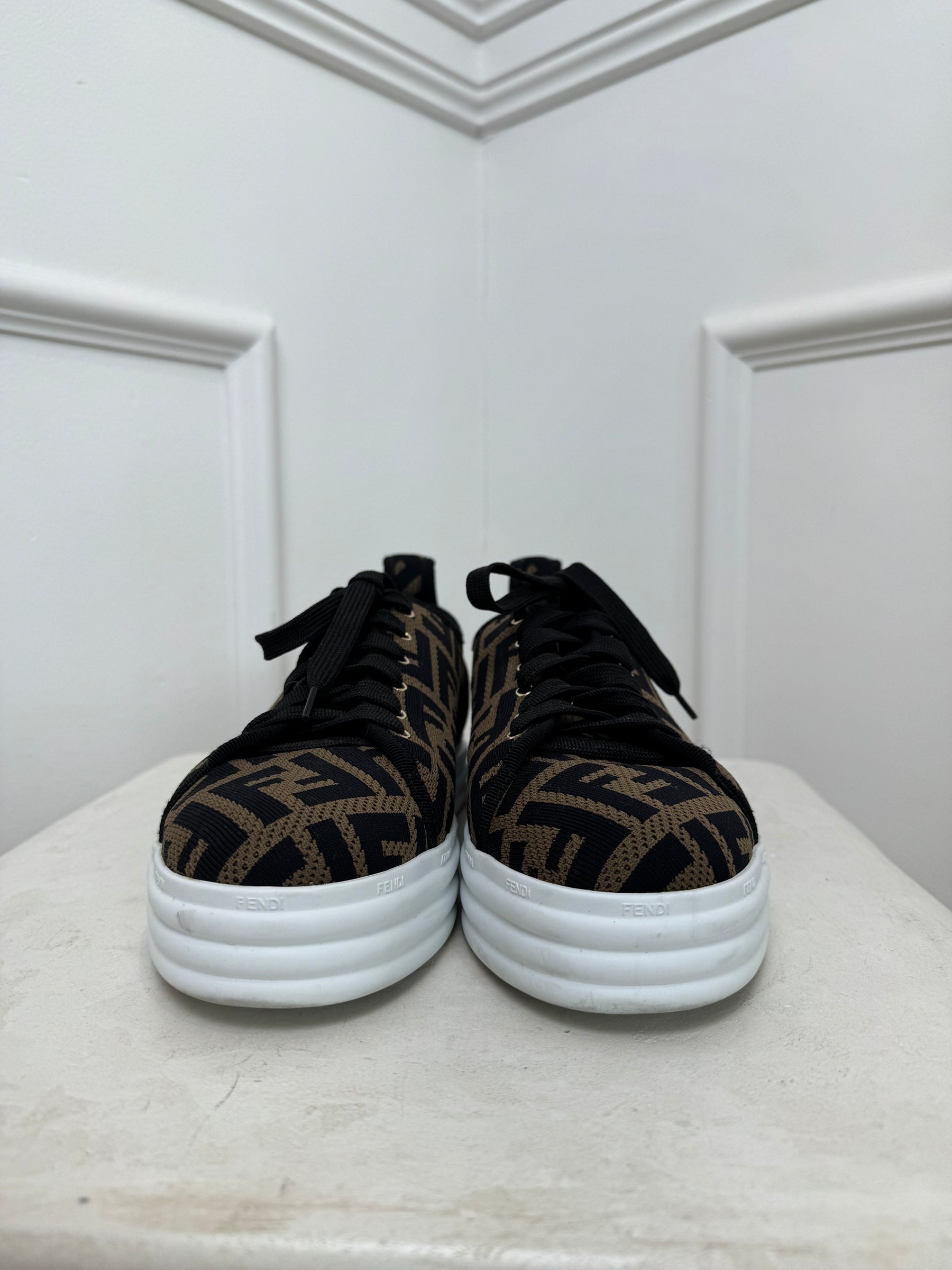 Fendi Black and Brown FF Logo Knit Sneakers, 38