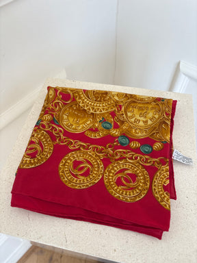 Chanel Silk Red And Gold Printed Scarf