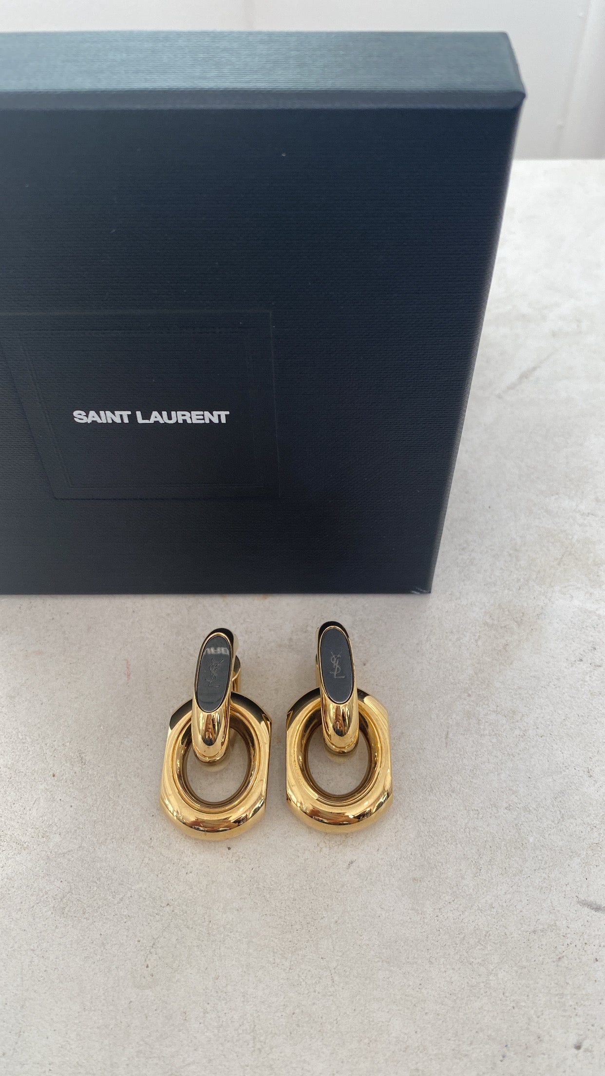 Saint Laurent Gold and Silver Chain Duo Link Drop Logo Earrings, M