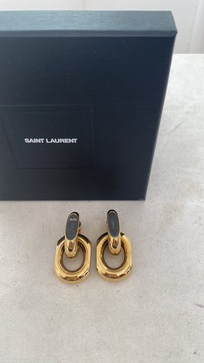 Saint Laurent Gold and Silver Chain Duo Link Drop Logo Earrings, M