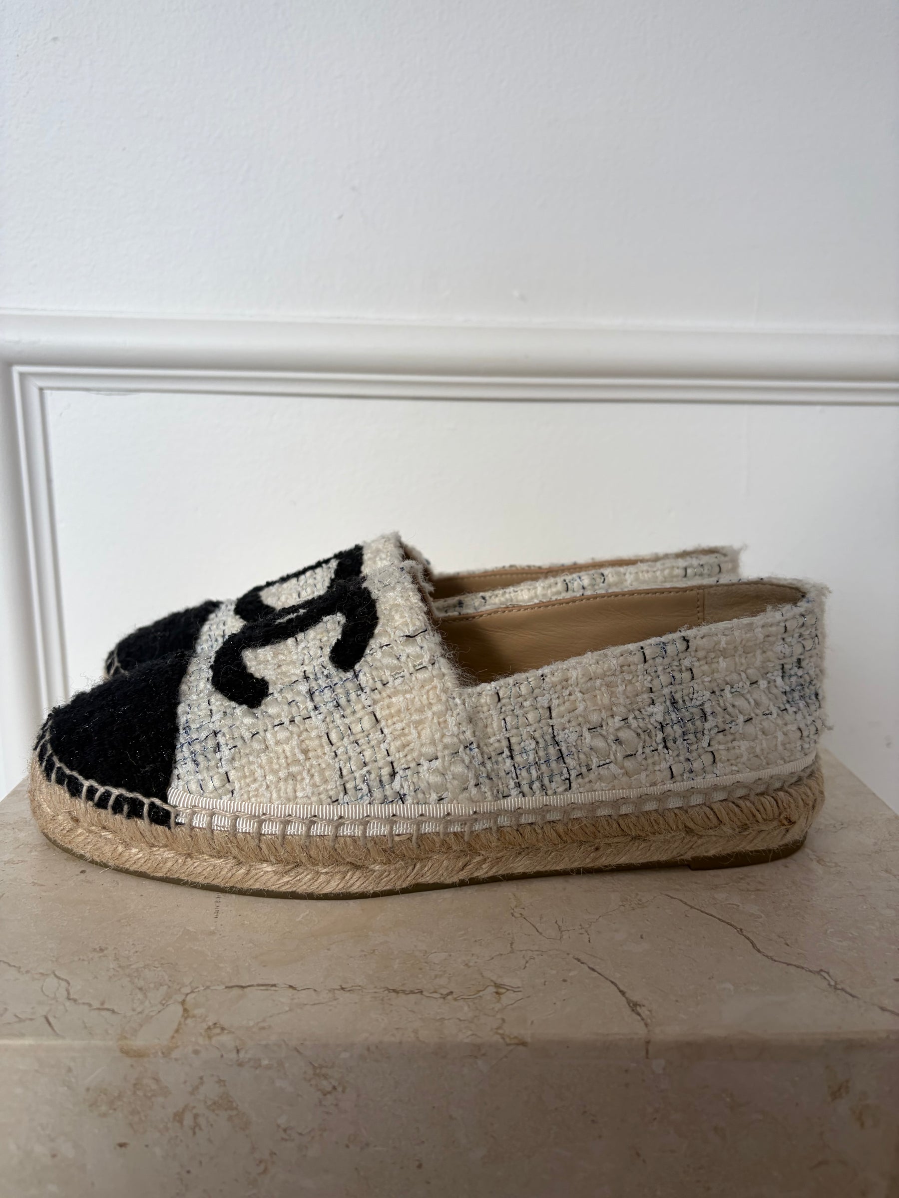 Chanel Cream and Black Tweed Logo Espadrilles, 36