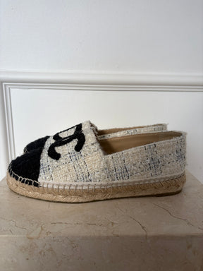 Chanel Cream and Black Tweed Logo Espadrilles, 36