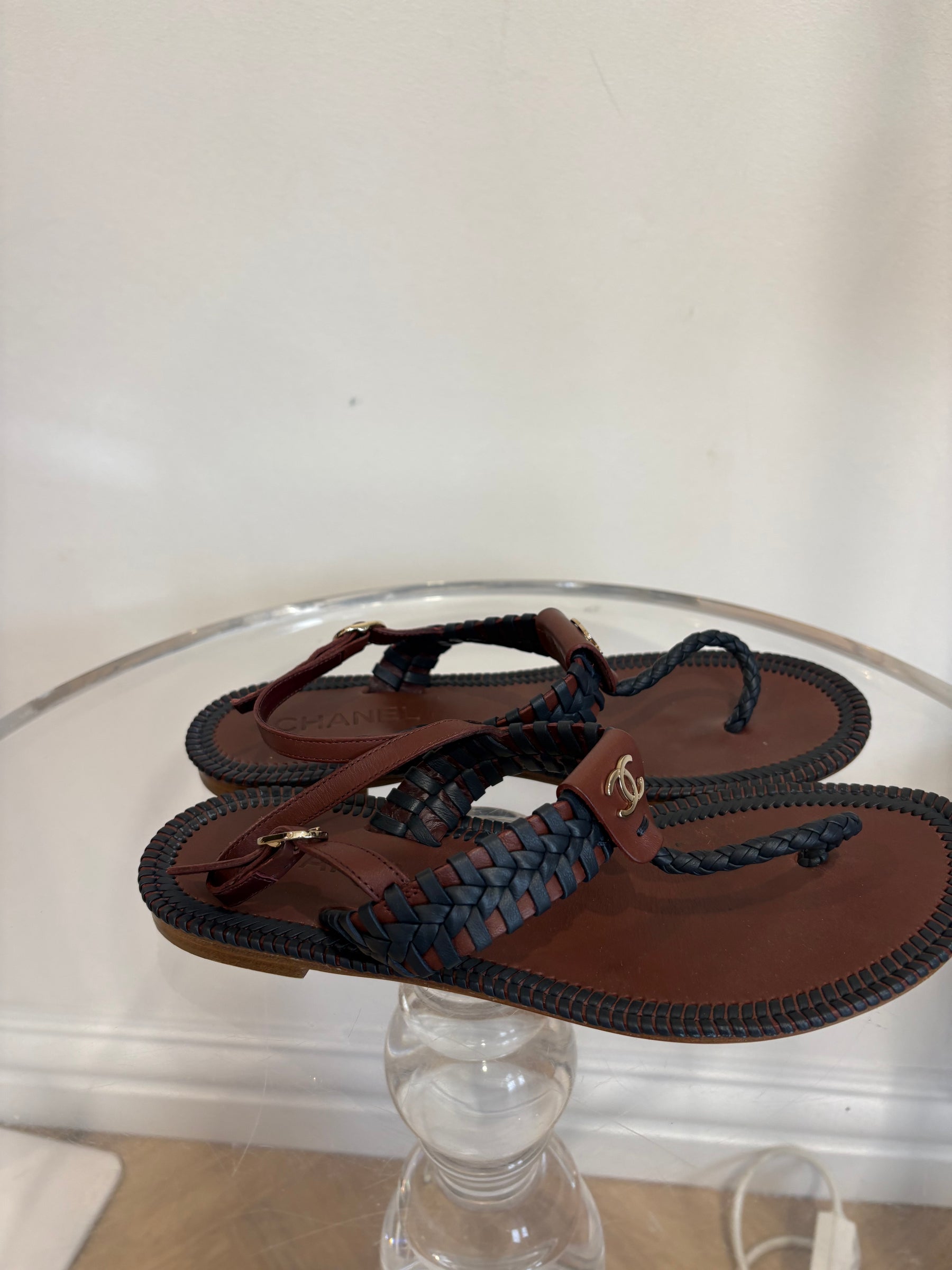 Chanel Burgundy and Navy Braided Leather T Bar Ankle Sandals, 38