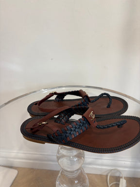Chanel Burgundy and Navy Braided Leather T Bar Ankle Sandals, 38