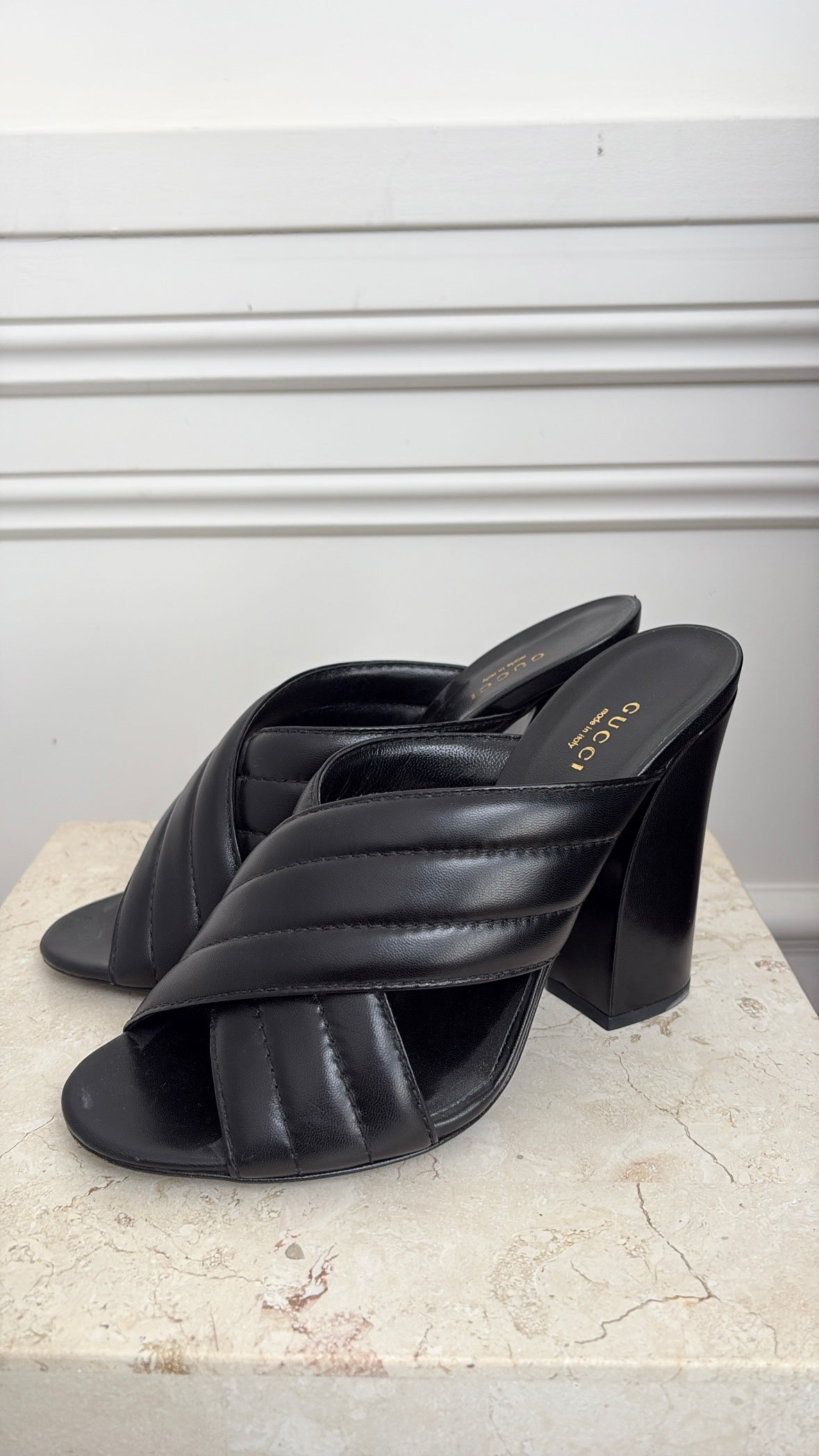 Gucci Black Leather Quilted Crossover Heeled Mules, 40.5