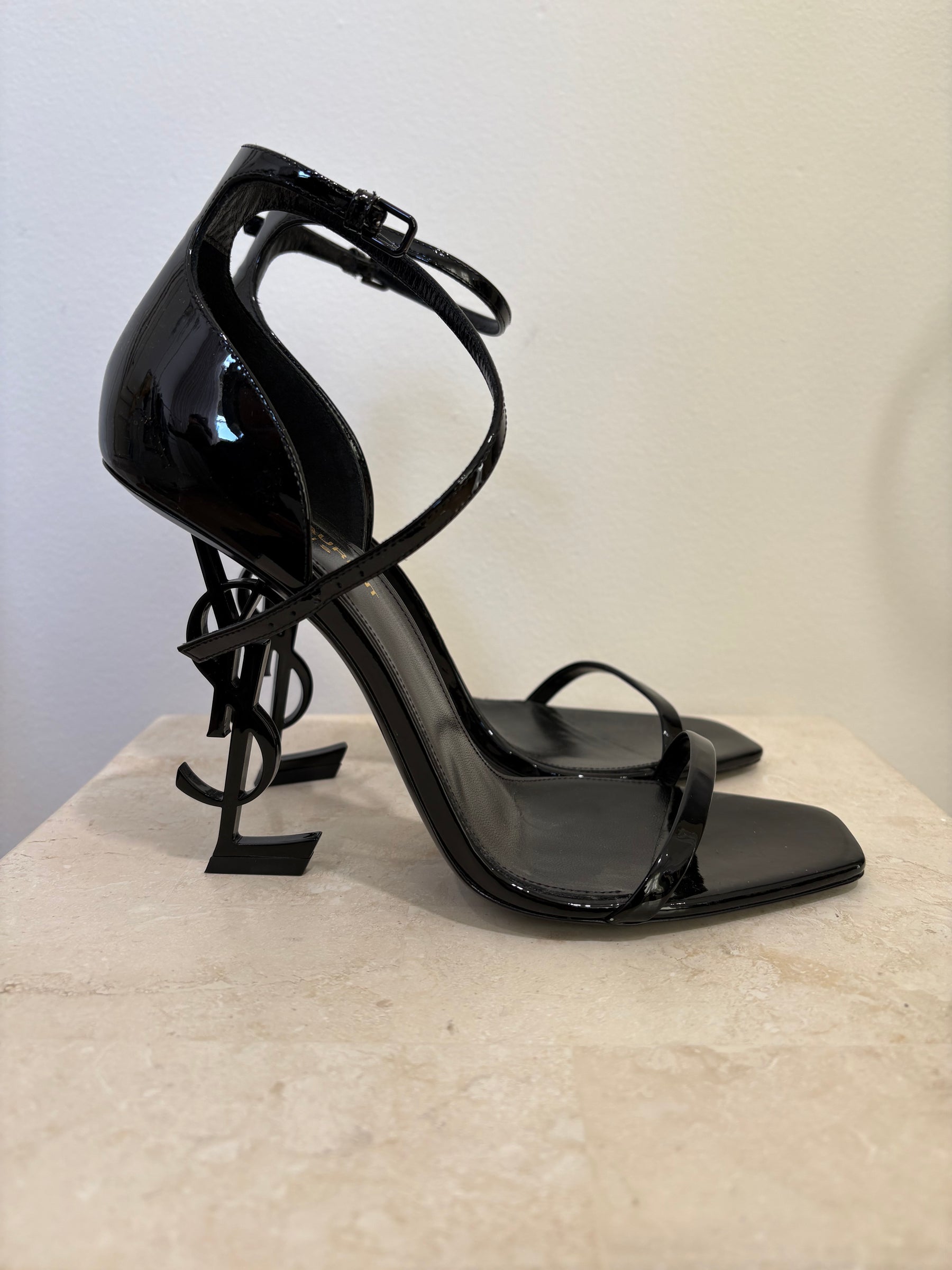 Saint Laurent Black Patent Leather Strappy Opyum Heels, 40