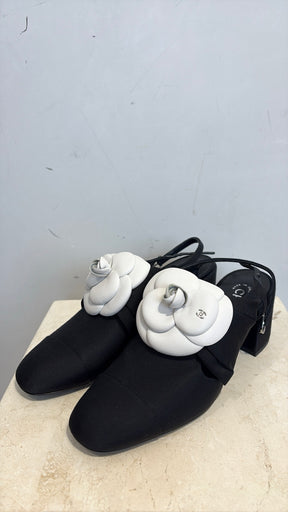 Chanel Fabric Block Heel Sling Back Pumps With Camelia, 39 C