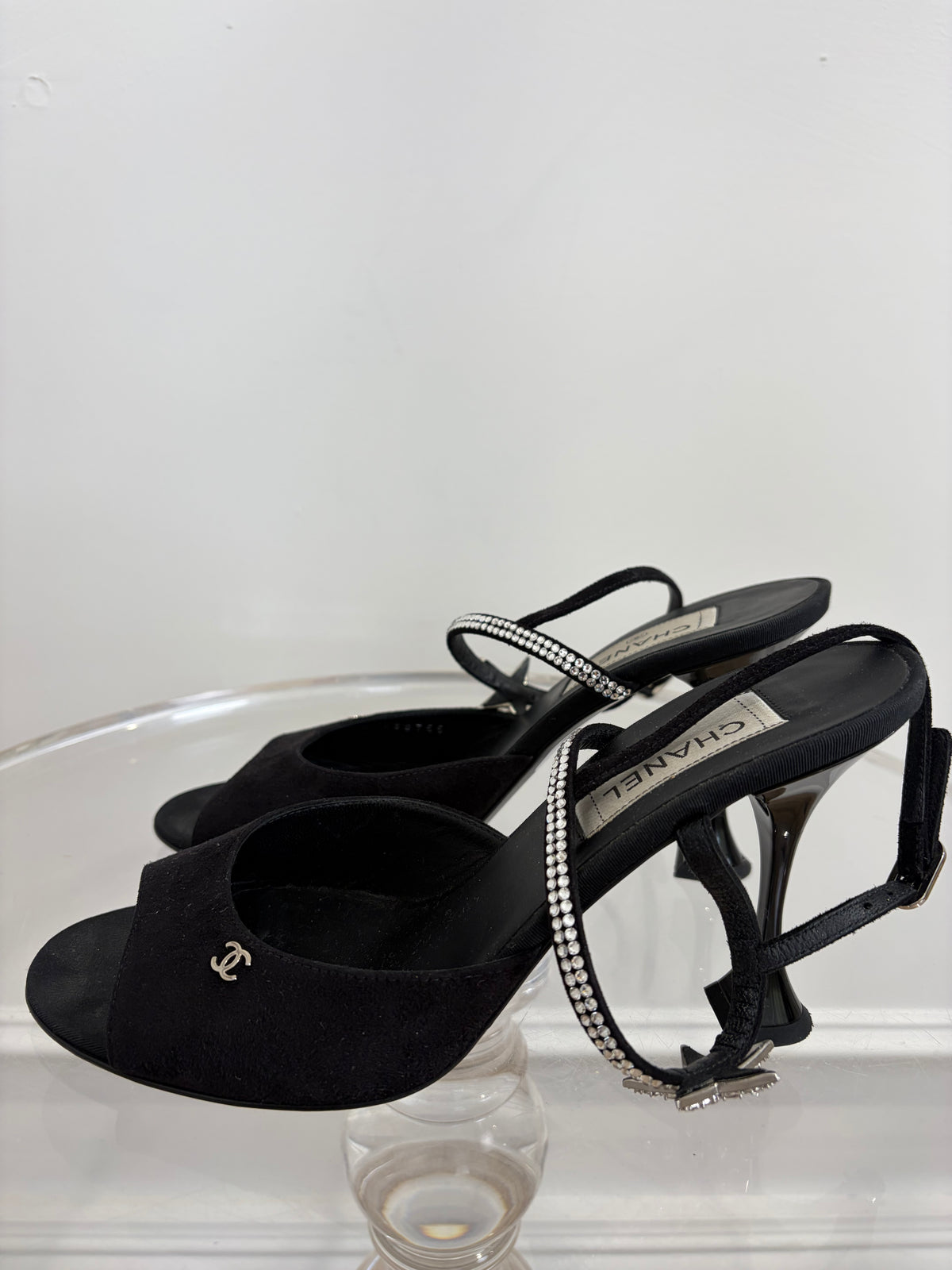 Chanel Black Suede Peep Toe Crystal Star Pumps, 39.5C