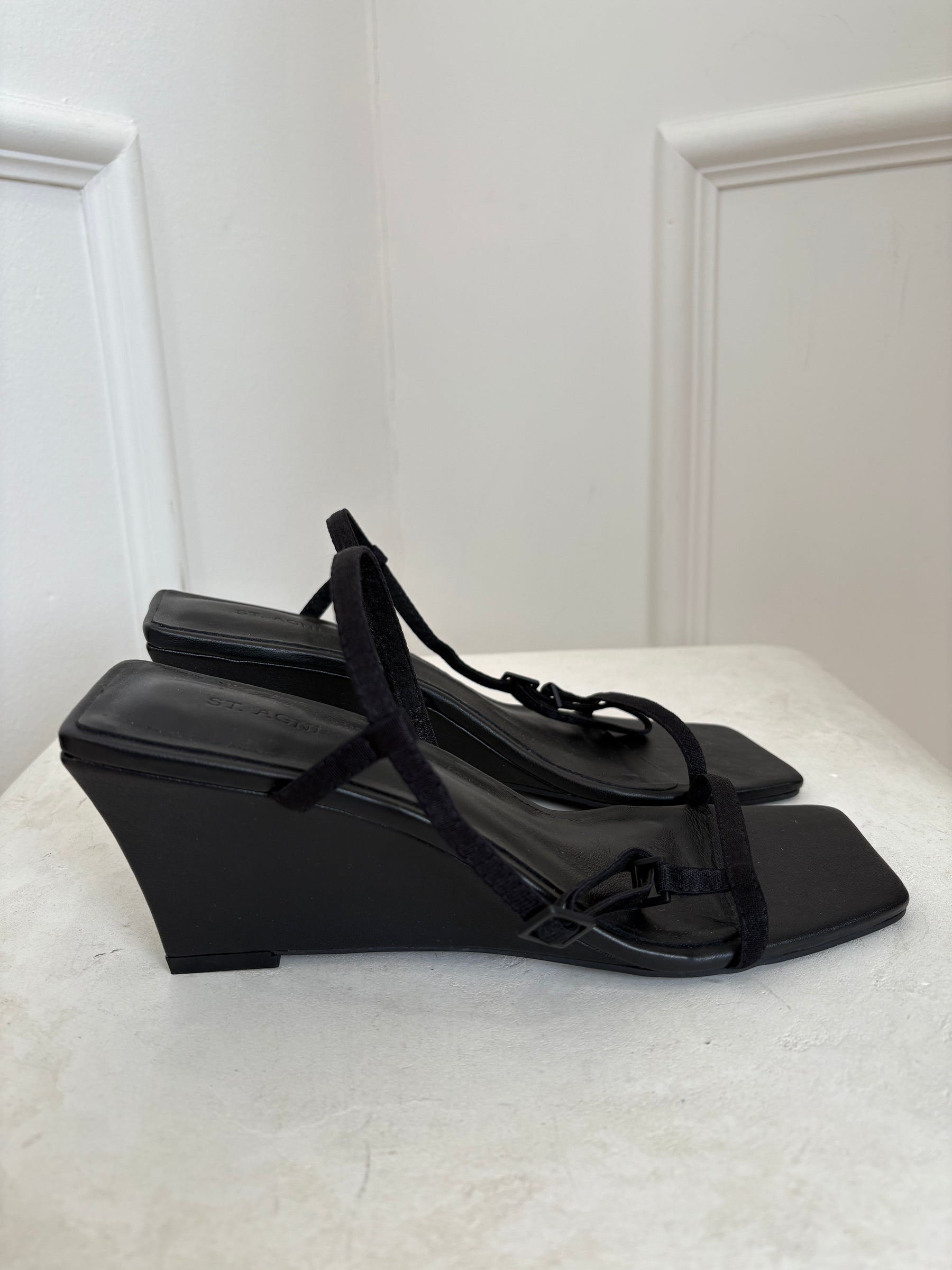 St Agni Black Strappy Wedge Heels, 38