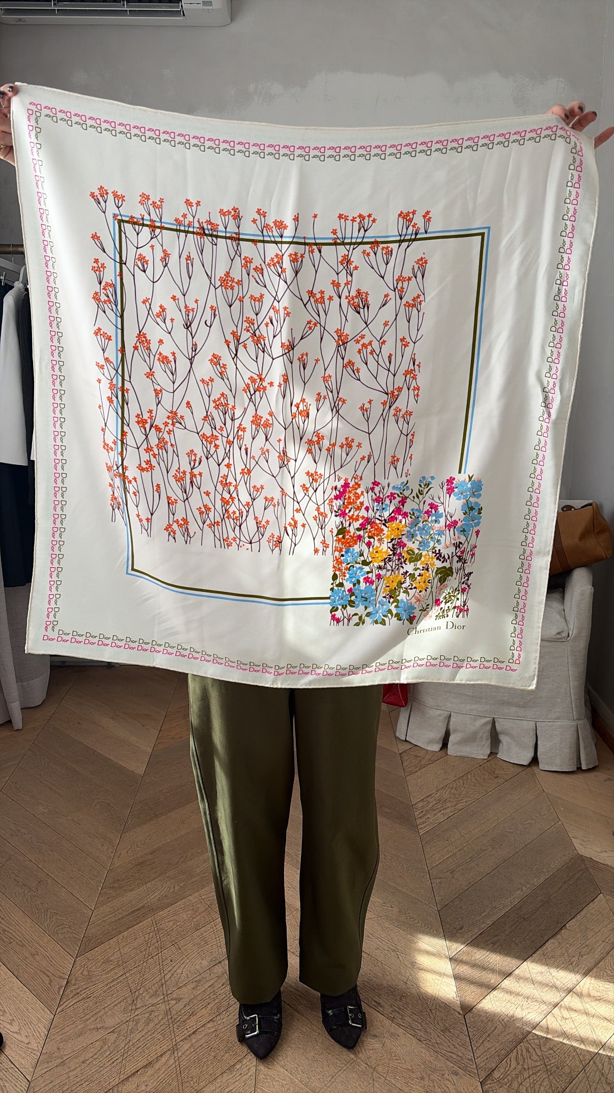 Dior Cream and Orange Multi Floral Logo Scarf 90