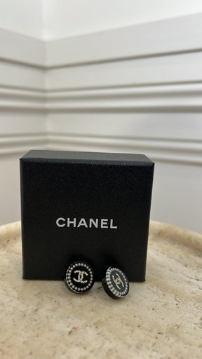 Chanel Black Round CC Logo Stud Earrings
